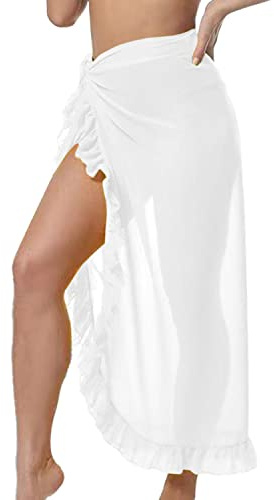 JFAN Pareo Femme Plage Long Wrap de Plage à Volants Couvertures de Maillot de Bain Bikini Cover Up Beachwear,Blanc,Taille Unique