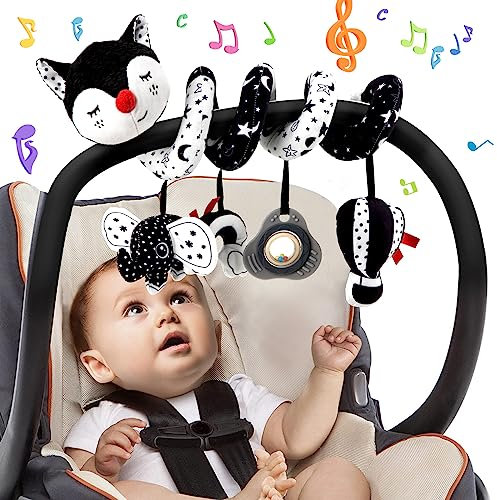 Funsland Kinderwagen Spielzeug, Baby Activity Spirale Spielzeug mit Musik, Hängen Plüsch Schwarz Weiss Kontrast Spielzeug für Kinderbett/Autositz/Babyschale, Neugeborene Geschenk für 0 3 6 12 Monate