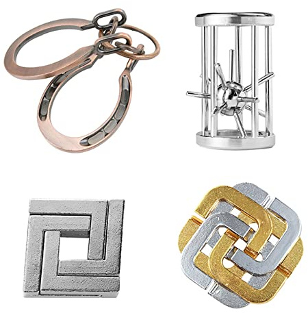 Knobelspiele Metall Puzzle Set, Joyeee Zaubertrick Spielzeug Denkaufgabe IQ Geist Test Lernspielzeug für Party Mitgebsel Erwachsene Teenager und Kinder Herausforderung, Grundschwierigkeit, 4 Stück - A