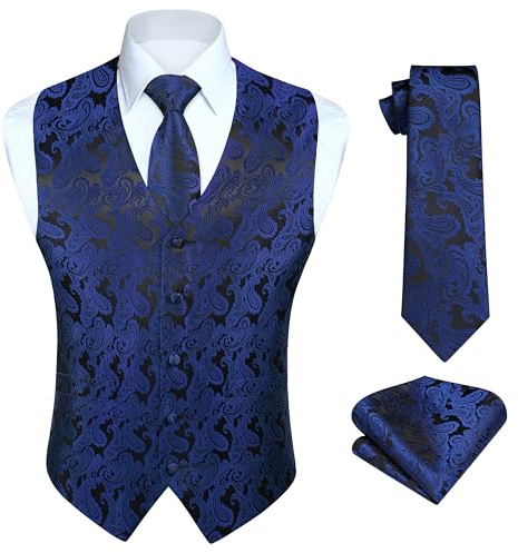 HISDERN Herren Paisley Weste Navy Blu Floral Jacquard Krawatte Einstecktuch Einstecktuch Hochzeitsfeier Business Fit Weste Anzug Set,L,Marineblau & Schwarz-N
