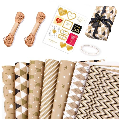 Birthday wrapping paper Gift Birthday roll, 7pcs Gift Wrap with 2 Rope, 1 Double-Side Tap, 1 Sticker, Brown Wrapping Paper for Wedding Party Mens Girls Boys(50 X 70cm)