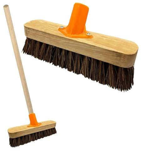 Heavy Duty Strong Stiff Floor Broom Deck Scrubber Brush | With Wooden Handle For Garden Pathways