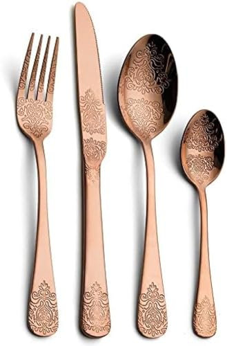 Tafelbesteck, Vintage-Muster, Silberbesteck, 24-teilig, Vergoldetes Besteck Aus 18/10-Edelstahl, Besteckset Für 6 Personen, Wiederverwendbares Tafelservice,24 Stück Kupfer,Picturesque234