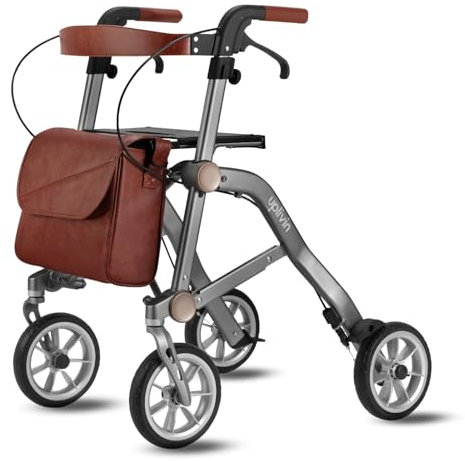 Uplivin Trive Rollator with Seat - Folding 4 Wheels Mobility Walker, Lightweight Aluminum Rollators with Adjustable Handle Cane Holder and Detachable Storage Bag (Grey)