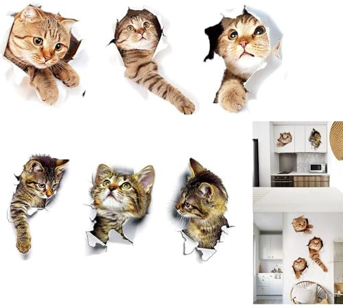 Adesivi con Gatto 3D,6 pezzi impermeabili Adesivi Murali 3d Gatto,3D Adesivi Vivid Decori Murale,Adesivi da Parete,per Auto Finestra Toilette Bagno Camera da Letto Asilo Nido Cucina