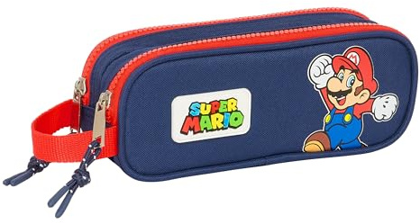 Super Mario World Doppelmäppchen für Kinder, ideal für Kinder im Schulalter, bequem und vielseitig, Qualität und Widerstandsfähigkeit, 21 x 6 x 8 cm, Marineblau, Marineblau, Estándar, Lässig