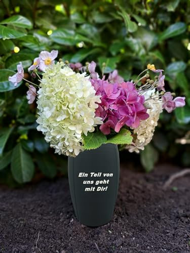 Grabvase mit Spruch EIN Teil von Uns geht mit dir! Grabdeko Steckvase Vase für Grab 25cm Blumenvase Kunststoff Trauerschmuck Friedhofsvase witterungsbeständige Grabvase Grabschmuck Friedhof