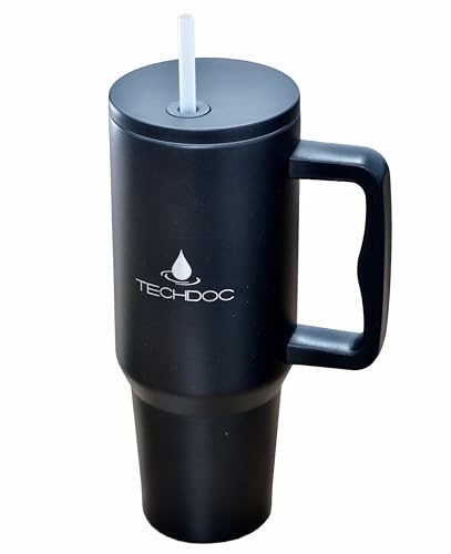 TechDoc 40 oz Insulated Tumbler with Handle & Sip Straw | Stainless Steel Water Bottle | Vacuum Travel Mug | Iced Coffee Cup | Hot & Cold Drinks | Gift for Him & Her | Black | 1180ml