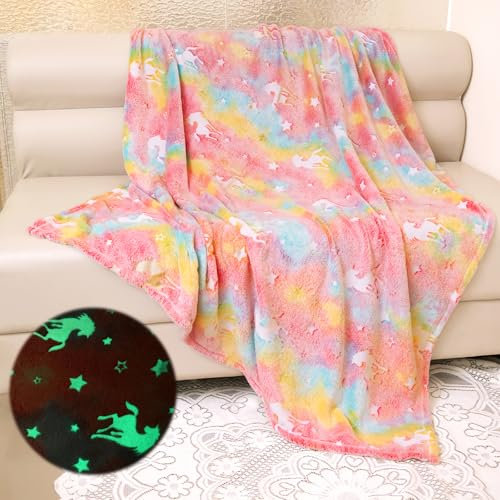 Yeqivo Coperta con unicorno per ragazze, coperta con unicorno che si illumina al buio, coperta rosa per bambini, in morbido pile, （130 * 150CM,Unicorno Rosa）