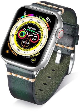 BINLUN Leather Strap Compatible with Apple Watch 38mm 40mm 41mm 42mm 44mm 45mm 46mm 49mm Retro Band Compatible with iWatch Series 11 10 9 8 7 6 5 4 3 2 1 SE SE2 SE3 Ultra Ultra2 Ultra3, 22mm, Green