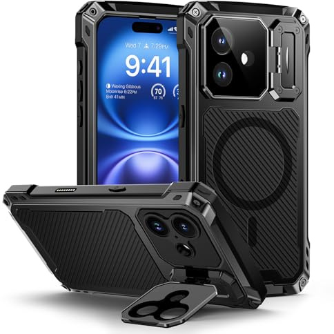 Lanhiem for iPhone 16 Metal Case with Kickstand, Compatible with MagSafe, Built in Tempered Glass Screen Protector, Heavy Duty Shockproof Rugged Phone Cases, Full Body Tough Cover (Black)