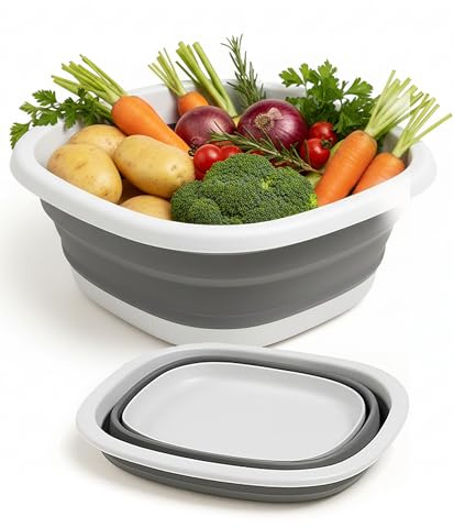 Meown 10L Collapsible Washing Up Bowl – Foldable Plastic Dish Tub & Portable Basin for Camping, Travel & Kitchen | Lightweight Sink for Dishes, Laundry, Outdoor Hand Wash & Food Prep – Grey/White