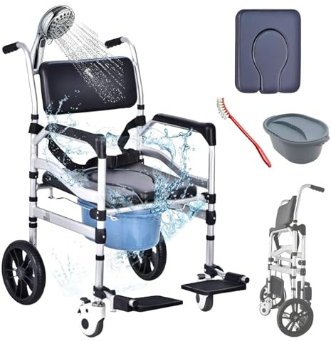 SAIYERUS Shower Chair with Wheels Aluminum Alloy 4 in 1 Foldable Height Adjustable Shower Wheelchair, Sturdy Rolling Shower Chair with Large Commode for Seniors (black)