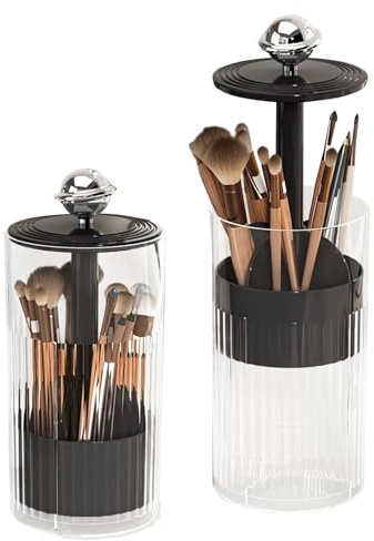 GIBZ Make Up Pinselhalter mit Deckel Kosmetik Organizer Pinsel mit 4 Fächern Pinsel Organizers Für Frisiertisch Schlafzimmer Badezimmer Schwarz Silber