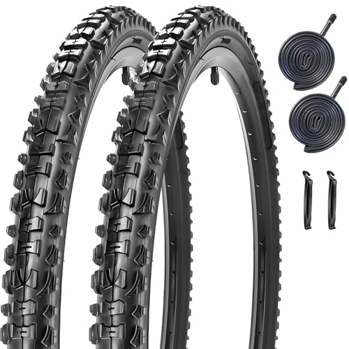 2 Pack 26 X 1.95 Mountain Bike Tyres Replacement Foldable Off-Road Bicycle Tyres with Inner Tubes AV 32mm Schrader Valve Suitable for MTB Mountain Beach Cruiser Bicycle