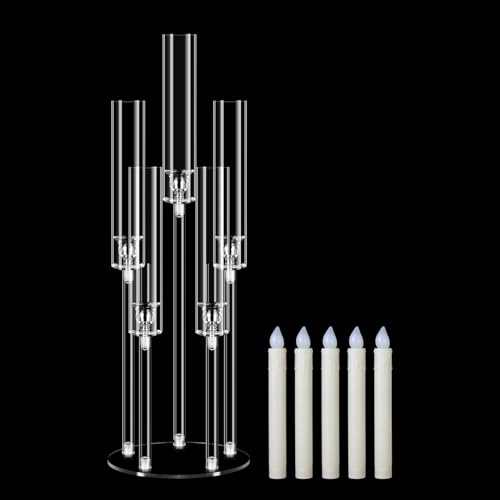 Candelabro Moderno 5 Bracci con Candele LED, Portacandele Alto 68 cm in Acrilico Cristallino, Centrotavola per Matrimonio e Natale, Decorazione per Tavolo Camino con Base e Paralume