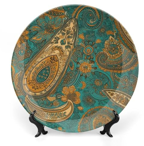 Grandes assiettes décoratives en porcelaine anglaise à motif cachemire jaune de 15,2 cm pour présentation - Assiette désert en céramique avec support de présentation personnalisée pour cuisine, salle