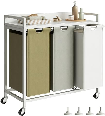 Herture tvättkorgar med hylla, tvättkorg 3 sektioner, tvättsorterare med utdragbar avtagbar stor 3 färgväskor och rörliga hjul, metallram, 3 x 15,87 gallon (60L), vit PF04XLE