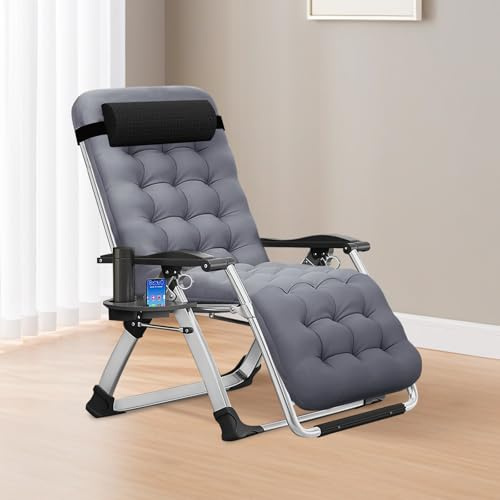 MOPHOTO Zero Gravity Sedia a sdraio da giardino, pieghevole, con portata da 200 kg, imbottitura e tasca laterale, per pisolini, lettino da giardino, sedia da balcone, sedia da terrazza (grigio pietra