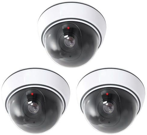 LEKEFETO Dome - Cámara falsa con luz LED intermitente: juego de 3 cámaras falsas para interiores y exteriores, con material de montaje, solución de seguridad realista