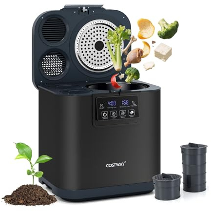 GOPLUS Composteur Cuisine Électrique de 4L avec Couvercle, Auto-nettoyant, Affichage LED, Poubelle Compost Cuisine Intelligent pour Transformer Déchets Alimentaires en Engrais Sec, Noir
