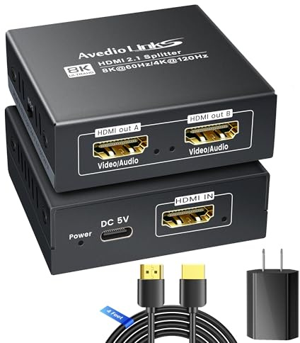 HDMI 2.1 Splitter 1 in 2 Out 8K@60Hz w/ 4ft 8K HDMI Cable, HDCP 2.3 Bypass 4K@120Hz HDMI Audio Splitter for Soundbar, Support VRR, ALLM, HDR10+, Dolby Vision/Atmos 7.1ch, Down Scaler, 48Gbps for PS5