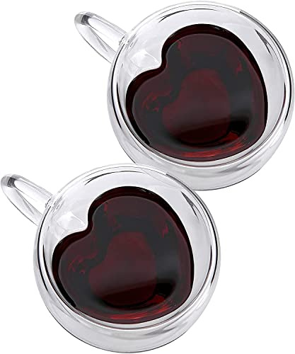 Confezione da 2 tazze da caffè o tè in vetro isolato a doppia parete trasparente a forma di cuore, con manico unico (cuore, 2)