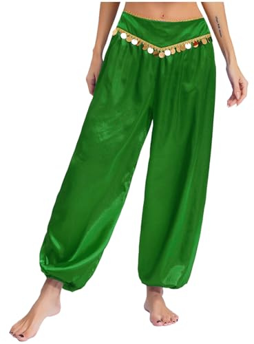 Alvivi Damen Bauchtanz Hose Belly Dance Tanzhose Münzen Pailletten Haremhose Pumphose Bauchtanz Tanzhose Halloween Karneval Fasching Grün L