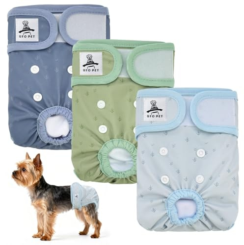 UFO PET Wiederverwendbare Hunde Windeln Weiblich, Läufigkeitshose für Hündinnen S (3 Stück), Hochsaugfähige Hundewindeln für Hündinnen mit Starkem und Flexiblem Verschluss - Grün/Marineblau/Hellgrau