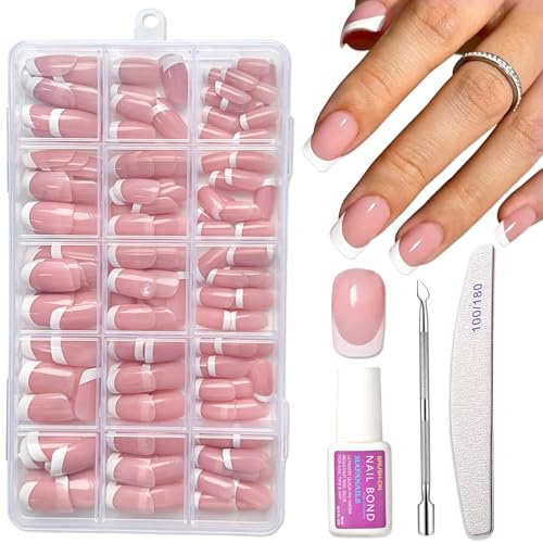 Medium Fake Nails Set - 240PCS Press on Nails French Tip - Square French Manicure False nails with Glue - Stick on Nails with Strong Glue on nails - 15 Sizes Full Cover Acrylic Nail Tips for Women