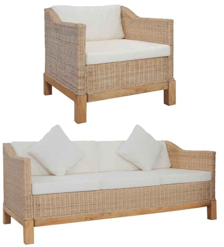 Teenpull 2-TLG. Sofagarnitur Natur Rattan mit Auflagen, Massivholzrahmen, Cremeweiß, für Wohnzimmer, 1 Sessel & 1 Dreisitzer-Sofa, Bequeme Polster