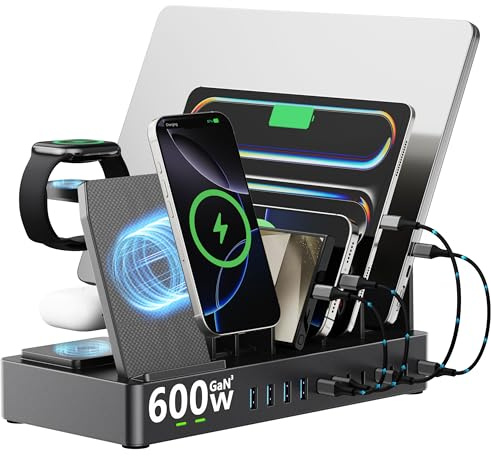 Zobirez 600W GaN Charging Station with Wireless Charger for Apple, Black | 15-in-1 charger for multiple devices with dual 100W PD, 8 USB-C, 4 USB-A and wireless charging for iPhone, Watch and AirPods