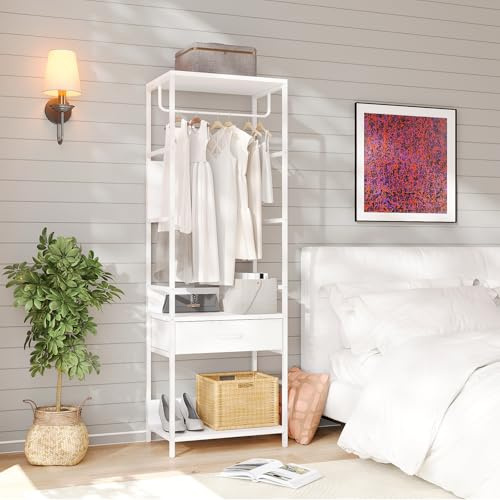 VOWNER Garderobenständer mit Schuhbank, 60cm Flurgarderobe, Kleiderständer, Garderobe mit Schubladen und Kleiderstange, für Flur, Schlafzimmer, Wohnzimmer, Weiß, 60x180x40 cm