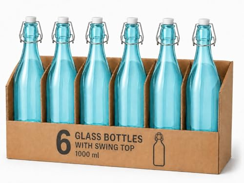KWARE 1 Litre Traditional Vintage Style Glass Bottles with Swing Top Lids - Set of 6 Clear Bottles (Light Blue)