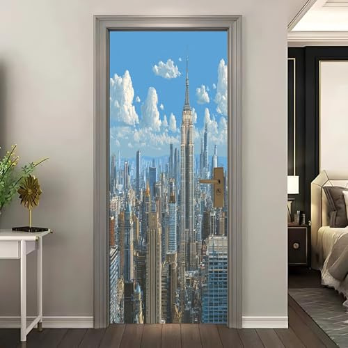 Adesivo per Porta 3D Rimovibile 90x210 cm, Architettura Di New York City HD Sticker Porta Autoadesivo in PVC Impermeabile, Blu Decorazione Porta Interna Moderna per Camera, Soggiorno e Ufficio