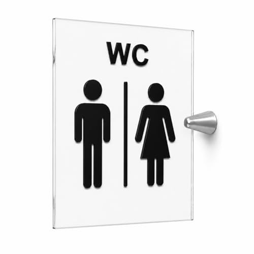 Cartel WC mujer o hombre con bandera de plexiglás transparente, con pictogramas negros en relieve, 15 x 20 cm, con soporte de metal,