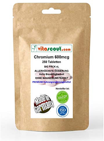 Chromium Picolinate 600mcg – 250 Hochdosierte Tabletten, Ohne Magnesiumstearat, Maximale Dosierung, Unterstützt Stoffwechsel und Blutzuckerspiegel, Vegan