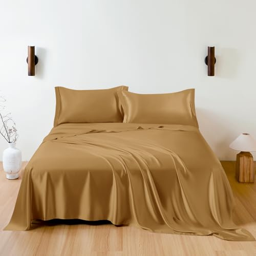 THXSILK 100% Mulberry Silk Sheet Set, 7A+ Silk Sheet Set Soft Breathable, Luxury Bedding (1 Flat Sheet, 1 Fitted Sheet, 2 Pillow Shams) King, Metallic Gold
