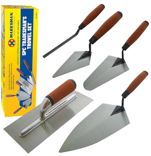 5pc Tradesman Trowel Set - Brick Jointer Hand Brick Plastering Builders | Hardened & Tempered Steel Blades | Hand Tool - Professional Quality | Builders Bricklaying Tools with Soft Grip Handles