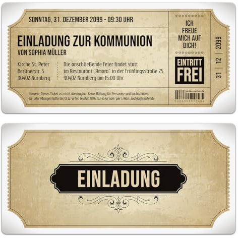 Kartenmachen.de Personalisierte Kommunion Einladungskarten (ab 10 Stück) - Vintage Eintrittskarten in Weiss -mit Abrisstreifen Kommunionskarten Einladung
