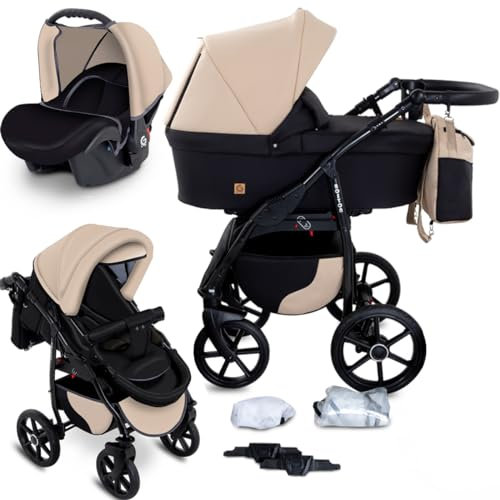 GaGaDumi Boston Kinderwagen 3 in 1 Komplettset mit Autositz - Kombikinderwagen mit großen Rädern - TÜV-zertifiziert - Baby Stroller Set - für Neugeborene und Kleinkinder Beige Schwarz
