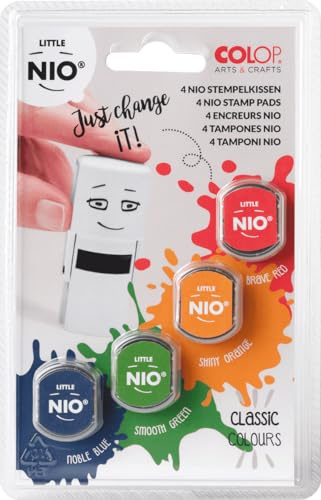 COLOP Ersatzkissen für Little NIO Stempel | 4 Stück Standardfarben | Rot, Blau, Orange, Grün | Farbe wasserbasierend & zertifiziert | DIY