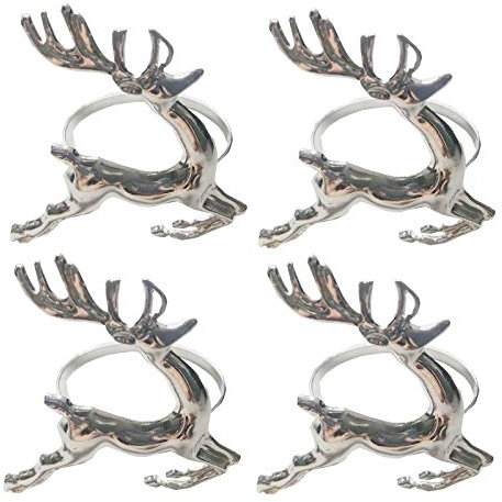4pcs Christmas Silver Reindeer Napkin Rings Napkin Holders-Stag Napkin Rings Table Decorative Ornament Xmas Napkin Holders Napkin Buckles Serviette Rings for Xmas Holiday Party Dining Table Decoration