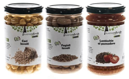 buononaturale Boîte aux légumes BIO 1,8kg — mélange de légumineuses italiennes bouillies: 2pcs Lentilles au tomate BIO, 2pcs Haricots borlotti bouillis BIO et 2pcs Pois chiches bouillis BIO (6x300g)