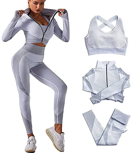 Veriliss Damen 3teiliger Gym Trainingsanzug Nahtlose Laufbekleidung Fitness Kleidung Jogginganzug Reißverschluss Kapuzen Tennis Laufen Set (Grau,M)