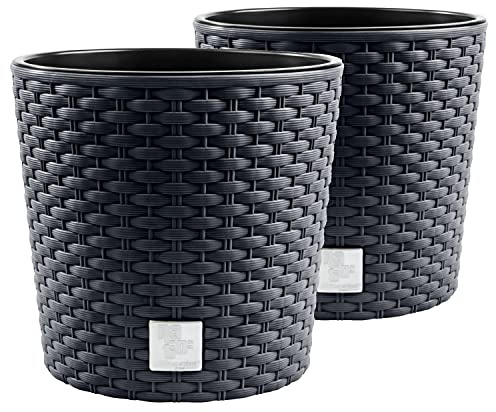 PAFEN 2X Blumentopf RATTO Rattan-Optik Kunststoff Topf Blumenkübel inkl. Einsatz Übertopf Anthrazit ⌀40cm