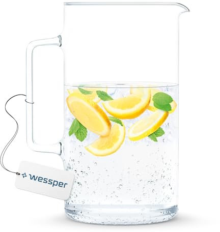 Wessper Jarra de Cristal resistente, Jarra de Agua con caño y asa, Jarra de cristal para Bebidas frías, Zumo, Leche, té helado, transparente 3L