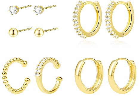 6 Paar Gold Creolen Ohrstecker Ohrringe Damen, 14K Vergoldete 925 Silber Knorpel Creolen Ohrringe Set mit Zirkonia Klein Hypoallergen Huggies Schlafen Creolen Ohrstecker für Damen Mädchen