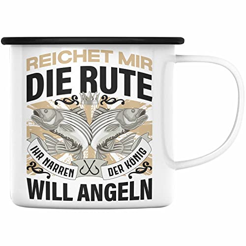 Trendation - Angler Emaille Tasse Geschenk Männer Spruch Lustig für Fischer Geschenkidee Angeln Fischen (Schwarz)