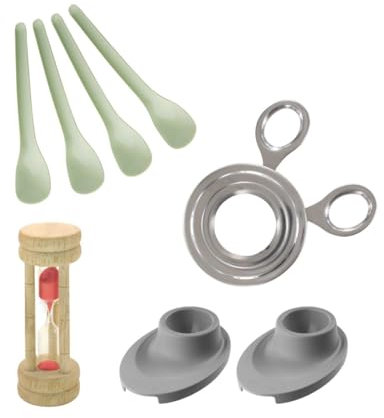 Fackelmann 9982050 Ensemble de 4 ustensiles de cuisine pour œufs à la coque, cuillère, coupe œufs, sablier, coquetier, Plastique, Acier inoxydable, Bois, Vert, inox, De 8 cm à 13,7 cm
